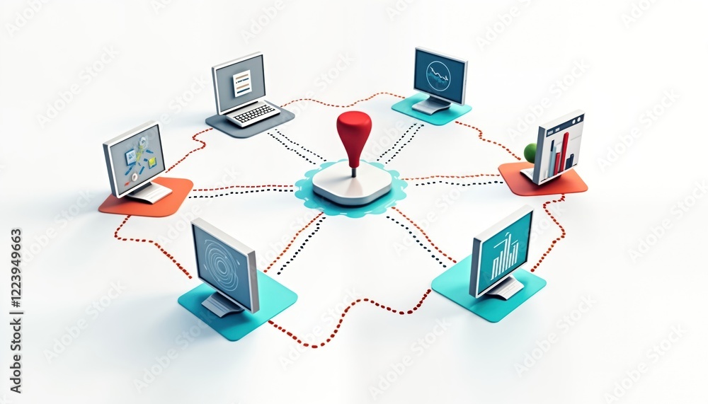 Poster Network tech illustration shows interconnected computers. Data visualization elements, network connections displayed. Modern design. Abstract illustration. System diagram. Virtual. Business. Tech