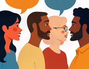 Diverse group engaged in conversation. People face. Share ideas, thoughts with speech bubbles. Image shows multicultural group communicate in flat design style. Actively listening, discussing.
