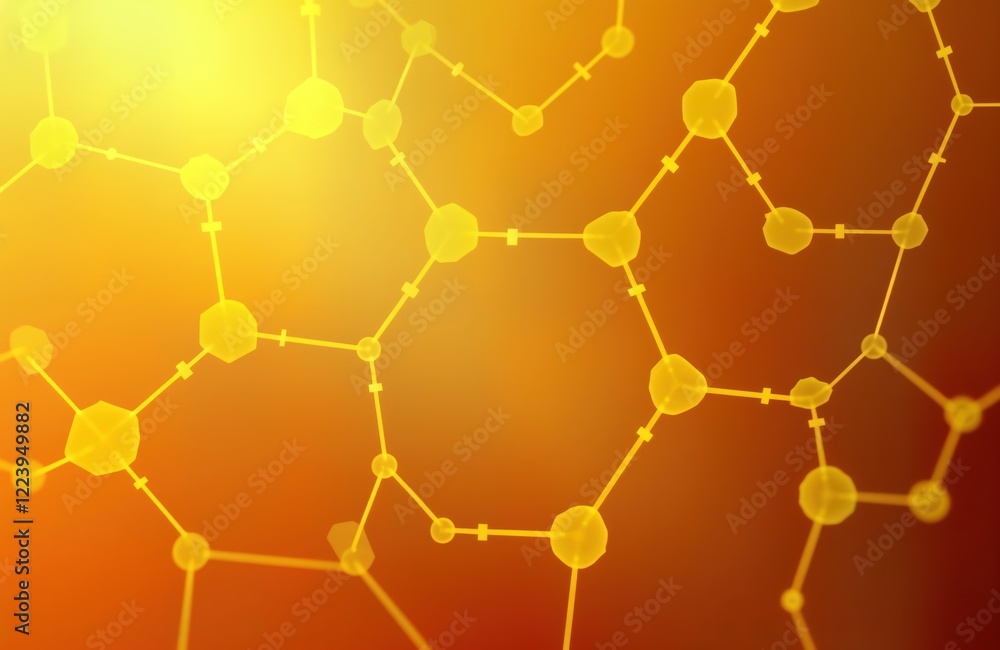 Poster abstract illustration displays yellow orange gradient background. geometric hexagons, dots form comp