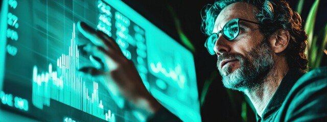 Businessman Analyzing Financial Data on Large Screen with Modern Interface at Desk in Dark Room