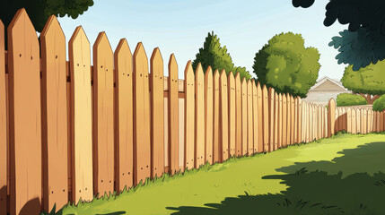 wooden backyard fence stretches along sunny landscape, surrounded by lush green grass and trees, creating peaceful outdoor atmosphere