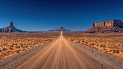 Naklejka premium A vast dirt road stretches into the horizon, lined by towering rock formations amidst a stark desert landscape, illuminated by bright sunshine creating a serene yet powerful atmosphere.