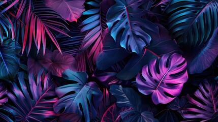 Vibrant tropical leaves and monstera plants illuminated by neon light.