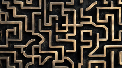 An intricate maze viewed from above with one clear path