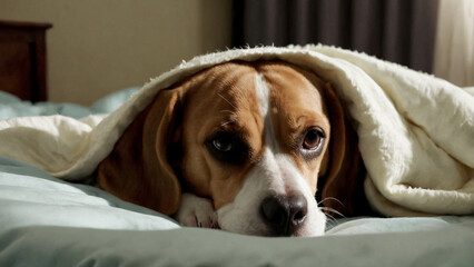 Beagle sleeping on a confotable bed between sheets