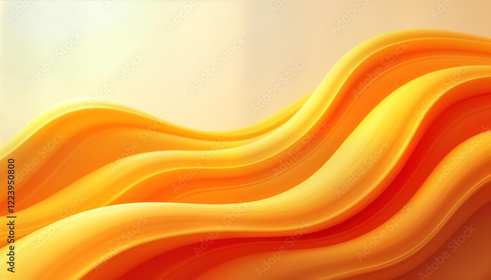 Poster Abstract background features smooth flowing orange, yellow waves. Dynamic curves, vibrant colors create fluid, energetic visual effect. Minimalist composition with soft gradients. Stylish, modern