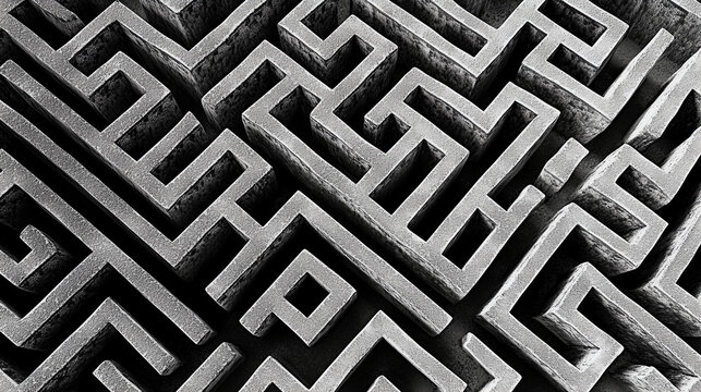 An intricate maze viewed from above with one clear path