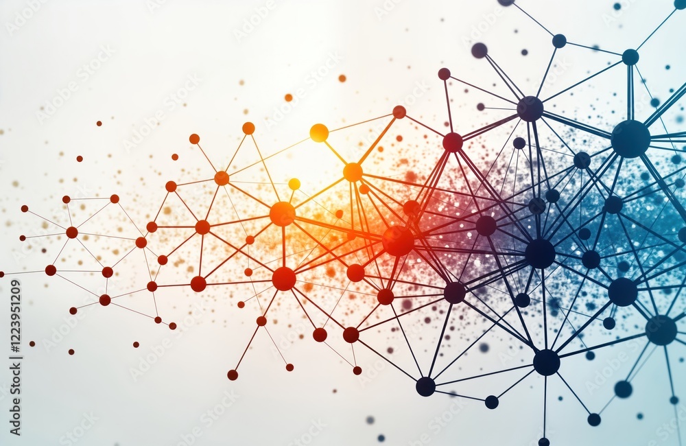Fototapete Abstract illustration displays interconnected network of vibrant colored dots, lines. Dynamic pattern suggests complex data connections. Visual representation of flowing network structure. Modern