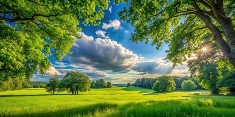 Obraz premium Lush Green Meadow, Blue Sky, Trees, Candid Photography, Nature Scene, Summer Landscape, Pastoral, Idyllic, Field, Sunlight, Grass, Sky, Clouds
