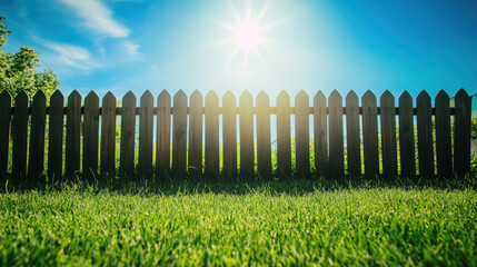 Obraz premium bright sunny day with wooden fence and lush green grass creates serene outdoor atmosphere. sunlight enhances vibrant colors, inviting relaxation and enjoyment
