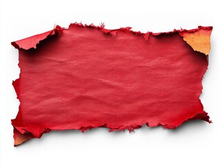 Torn red paper with curled edges on white background.
