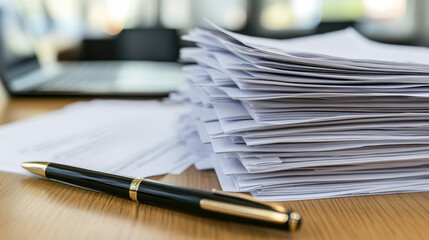 cluttered office desk with stack of papers and pen, symbolizing work and organization challenges