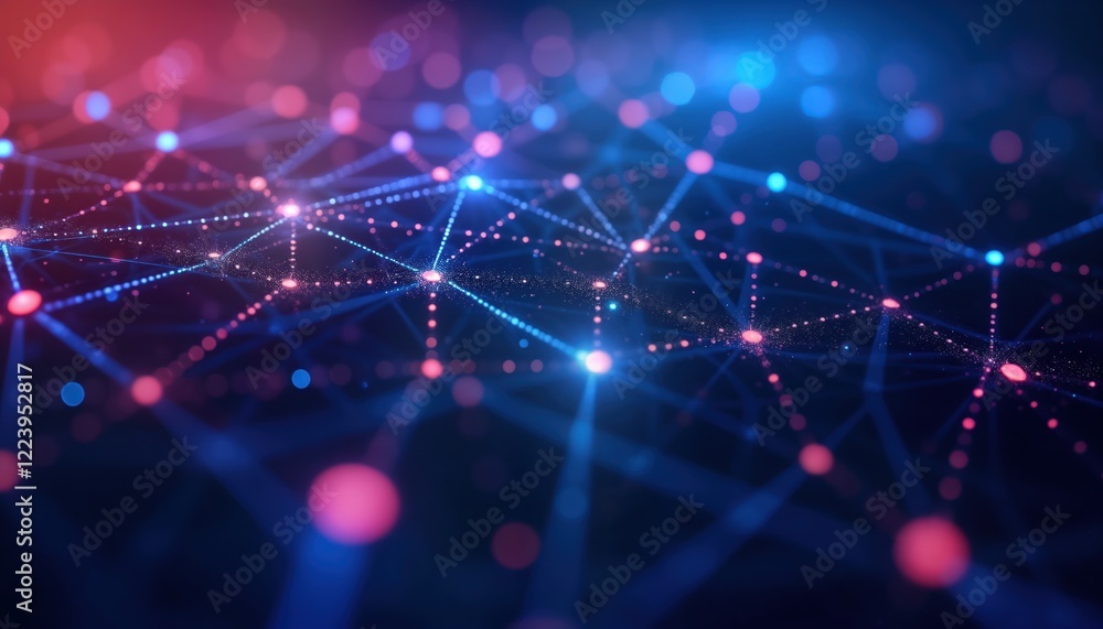 Leinwandbilder Abstract futuristic tech background shows glowing blue, purple network lines connecting luminous dots. Interconnected nodes create complex web pattern. Dynamic design suggests data flow digital