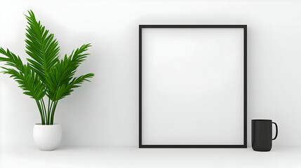 Blank frame mockup, plant, mug, white room, design
