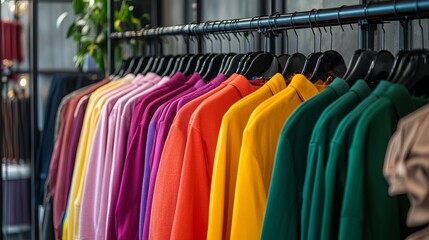 Obraz premium Vibrant assortment of colorful clothes displayed on racks in fashion boutique