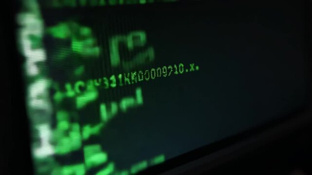 Abstract close-up view of glowing green binary code on a dark screen, representing digital technology, cybersecurity, and information processing concepts in modern computing environments.