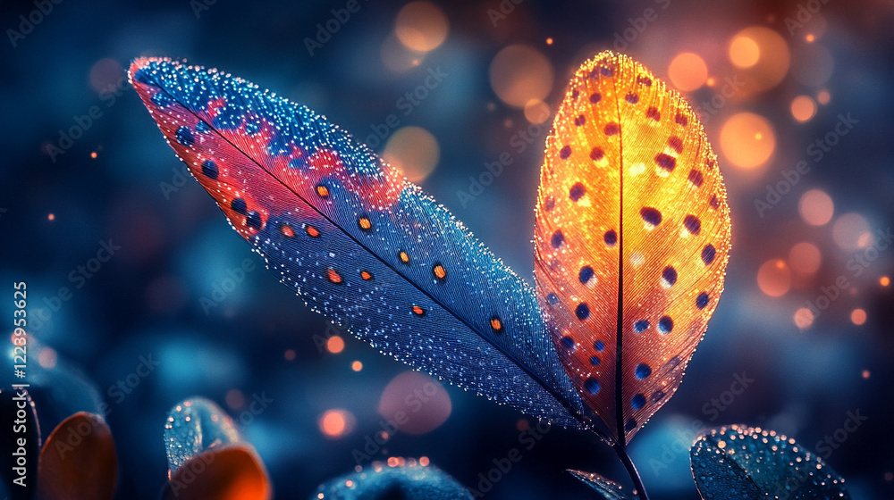 Poster glowing speckled feather gently floating against a minimalistic bright background with bokeh effect,