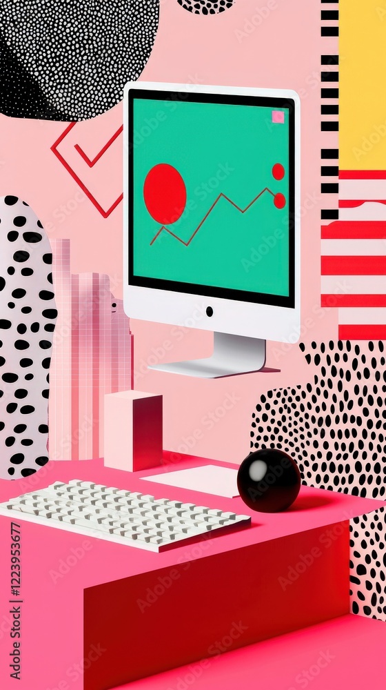 Poster colorful office workspace with modern computer and abstract patterns in vivid pink and green tones