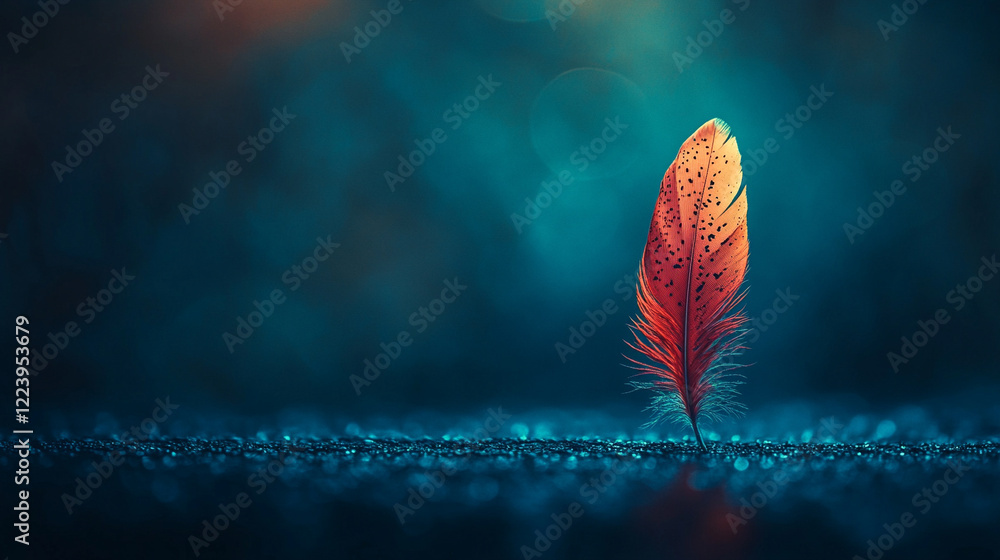 Poster glowing speckled feather gently floating against a minimalistic bright background with bokeh effect,