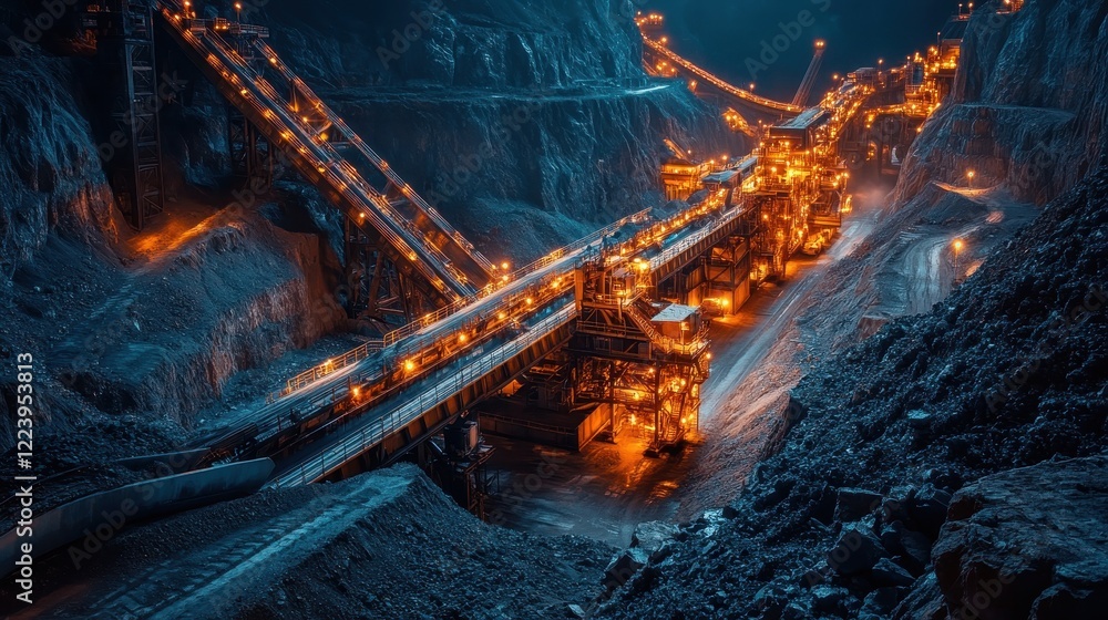 Poster nighttime view of illuminated mining conveyor belts. illustrates large-scale mining operations and r