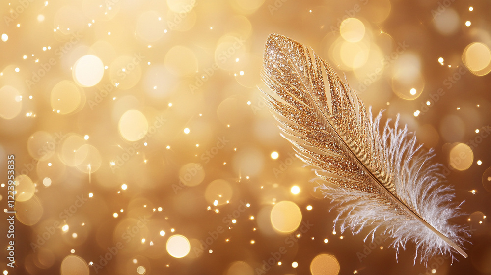 Poster glowing speckled feather gently floating against a minimalistic bright background with bokeh effect,