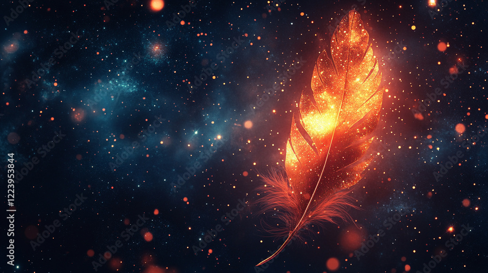 Poster glowing speckled feather gently floating against a minimalistic bright background with bokeh effect,