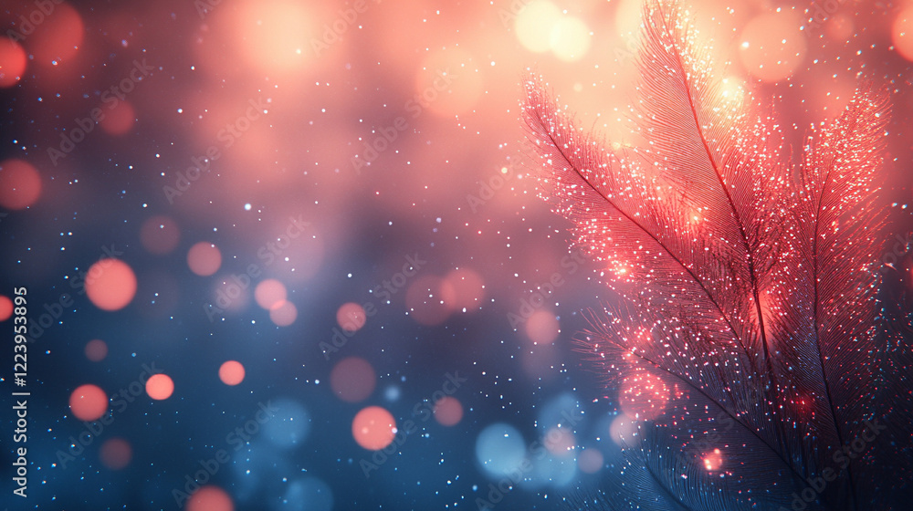 Poster glowing speckled feather gently floating against a minimalistic bright background with bokeh effect,