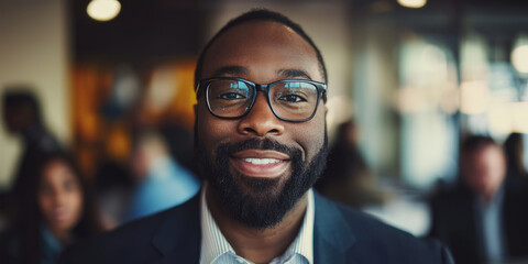 Obraz premium Portrait of a smiling business man with glasses and a beard standing in front of a group of people looking at the camera, with an office background, generative AI