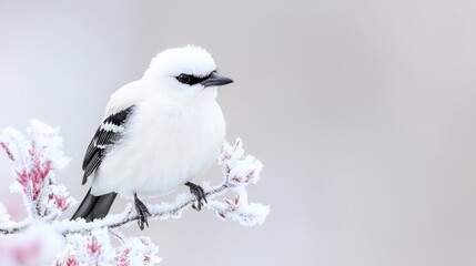 Obraz premium Snowy bird perched on frosty branch, winter scene, nature photography, ideal for calendars