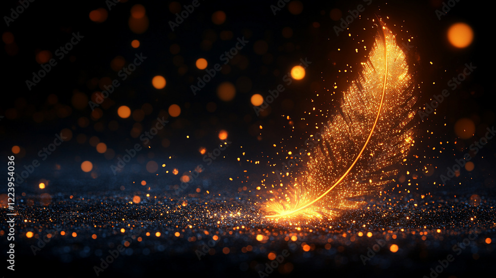 Poster glowing speckled feather gently floating against a minimalistic bright background with bokeh effect,
