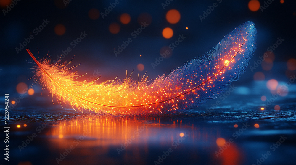 Poster glowing speckled feather gently floating against a minimalistic bright background with bokeh effect,