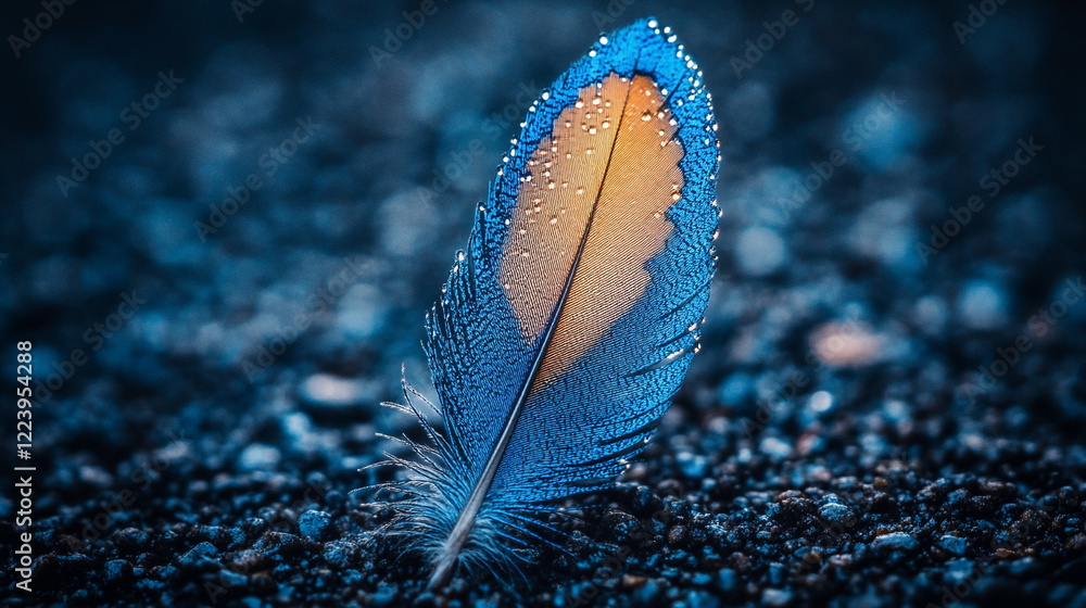 Poster glowing speckled feather gently floating against a minimalistic bright background with bokeh effect,