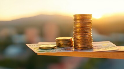 Coins banknotes arranged sunset urban backdrop concept. Stacks of coins on a banknote with a sunset background.