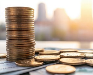Coins banknotes arranged sunset urban backdrop concept. Stacks of coins and banknotes with a cityscape in the background, symbolizing wealth and finance.