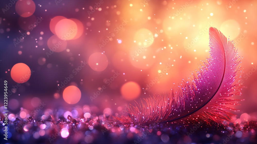 Poster glowing speckled feather gently floating against a minimalistic bright background with bokeh effect,