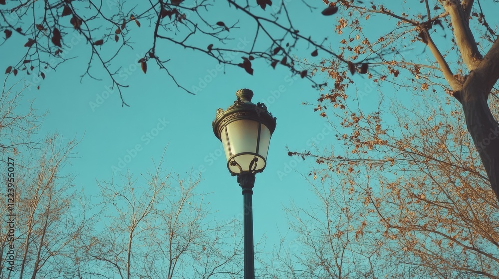 Wall mural single street lamp surrounded by tree branches, set against a backdrop of clear blue sky