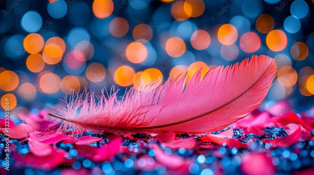 Poster glowing speckled feather gently floating against a minimalistic bright background with bokeh effect,