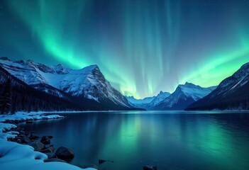 Spectacular aurora borealis illuminates snowy mountain range over calm lake. Nature scene shows majestic mountains reflecting in still water. Winter landscape with vibrant aurora. Majestic serene
