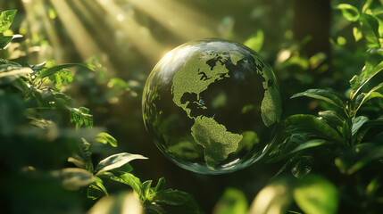 glass globe depicting Earth surrounded by lush green foliage, symbolizing environmental awareness and sustainability. sunlight filters through leaves, creating serene atmosphere