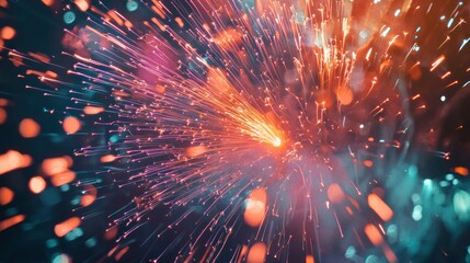 A close-up of multicolored fireworks exploding in the sky, with dynamic trails and sparkling particles lighting up the New Yearâ€™s night.
