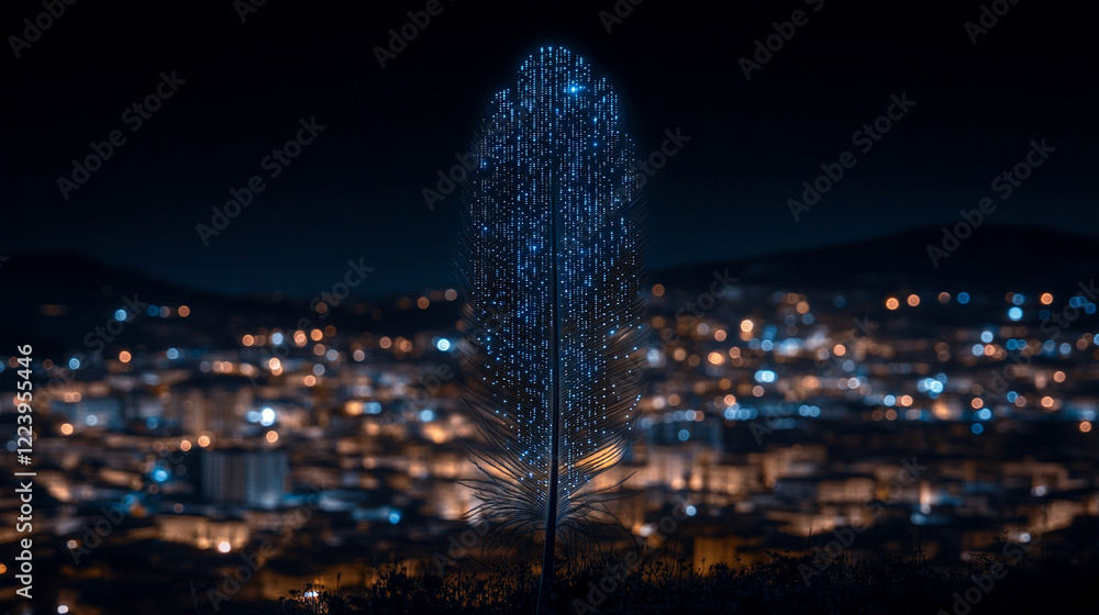Poster glowing speckled feather gently floating against a minimalistic bright background with bokeh effect,
