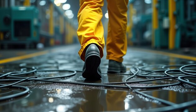 Worker in yellow uniform walks over wet factory floor cluttered with scattered cables. Unsafe conditions create tripping hazard. Industrial workplace safety risk. Maintenance needed. Potential
