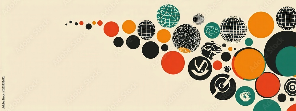 Poster abstract colorful design featuring circles and globes in vibrant shades against a simple background