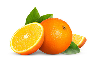 Fresh juicy oranges and green leaves isolated on white. Citrus fruit