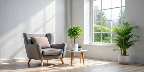Modern Gray Armchair Interior Design, White Wall, Window View - Stylish Home Decor Photography