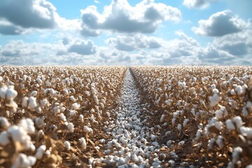 Obraz premium Cotton field on a background of blue sky with white clouds.