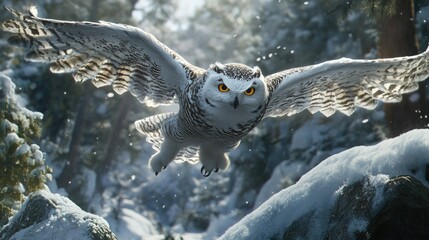Snowy owl captured in midair, with its talons slightly extended as it prepares to land on a snow-covered perch