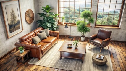 Fototapeta premium Modern Japanese Living Room: Rustic Coffee Table, Leather Chair, Stucco Art - Candid Photography