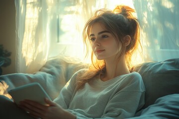 Lonely woman reflecting on love lost seated on gray couch in warm home interior feeling anxious and sad