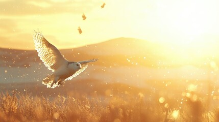 Fototapeta premium Snowy owl captured in motion as it flies through golden sunlight, snow-covered hills in the distance
